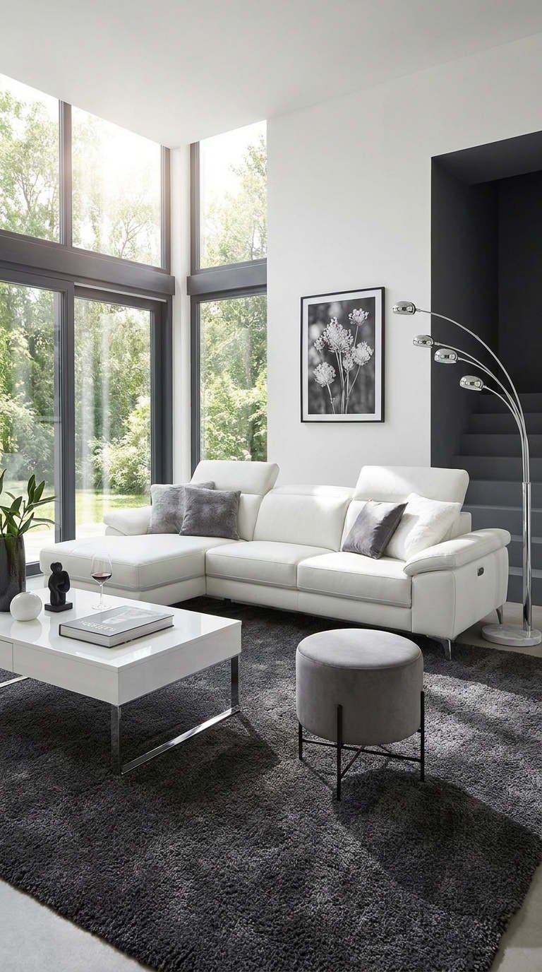 salon blanc baies tapis anthracite