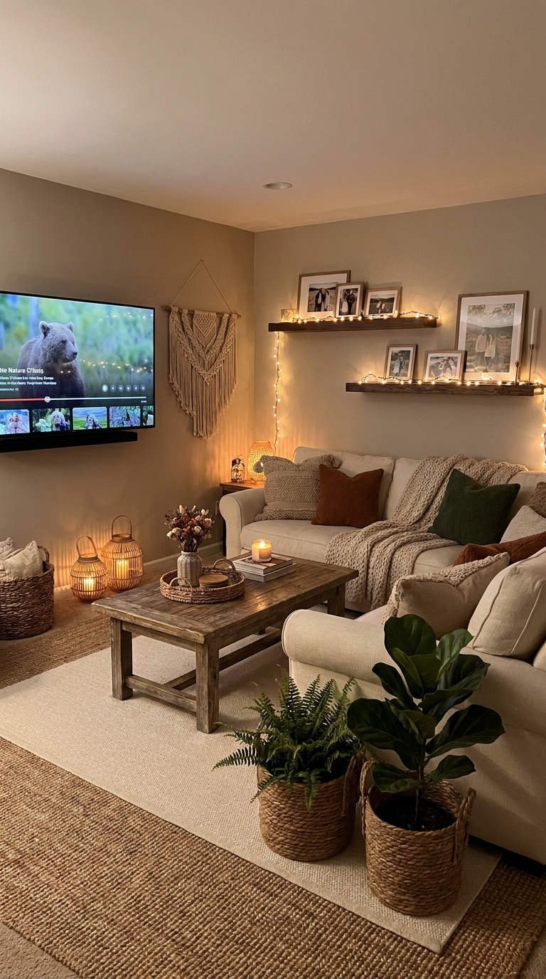 salon cocooning guirlandes etageres bois