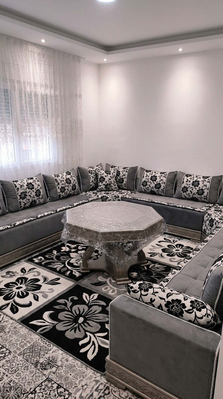 salon marocain gris floral