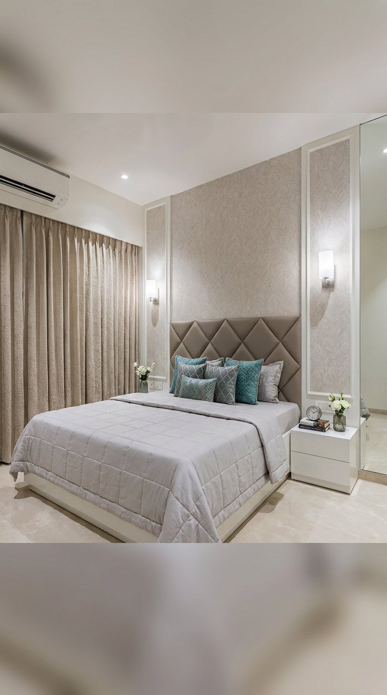 chambre beige panneaux turquoise