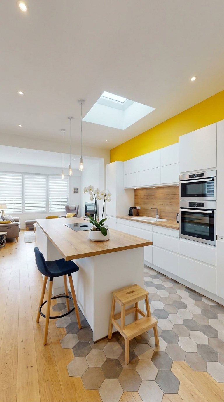 cuisine blanche mur jaune hexagones