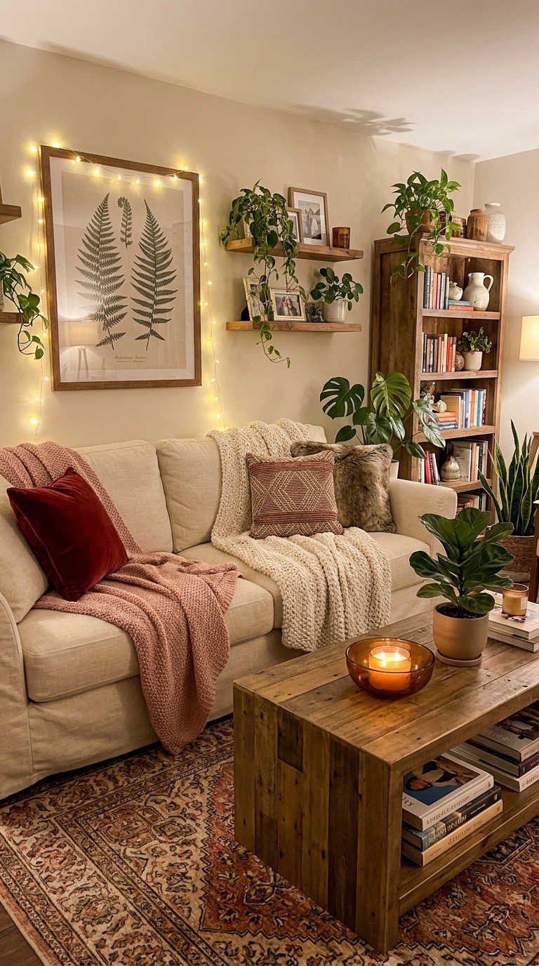 salon plantes guirlande canape beige