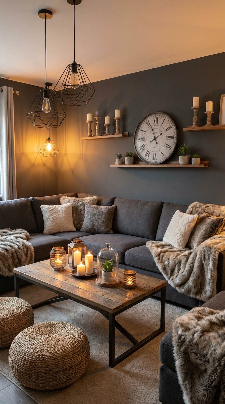 salon industriel bougies canape gris