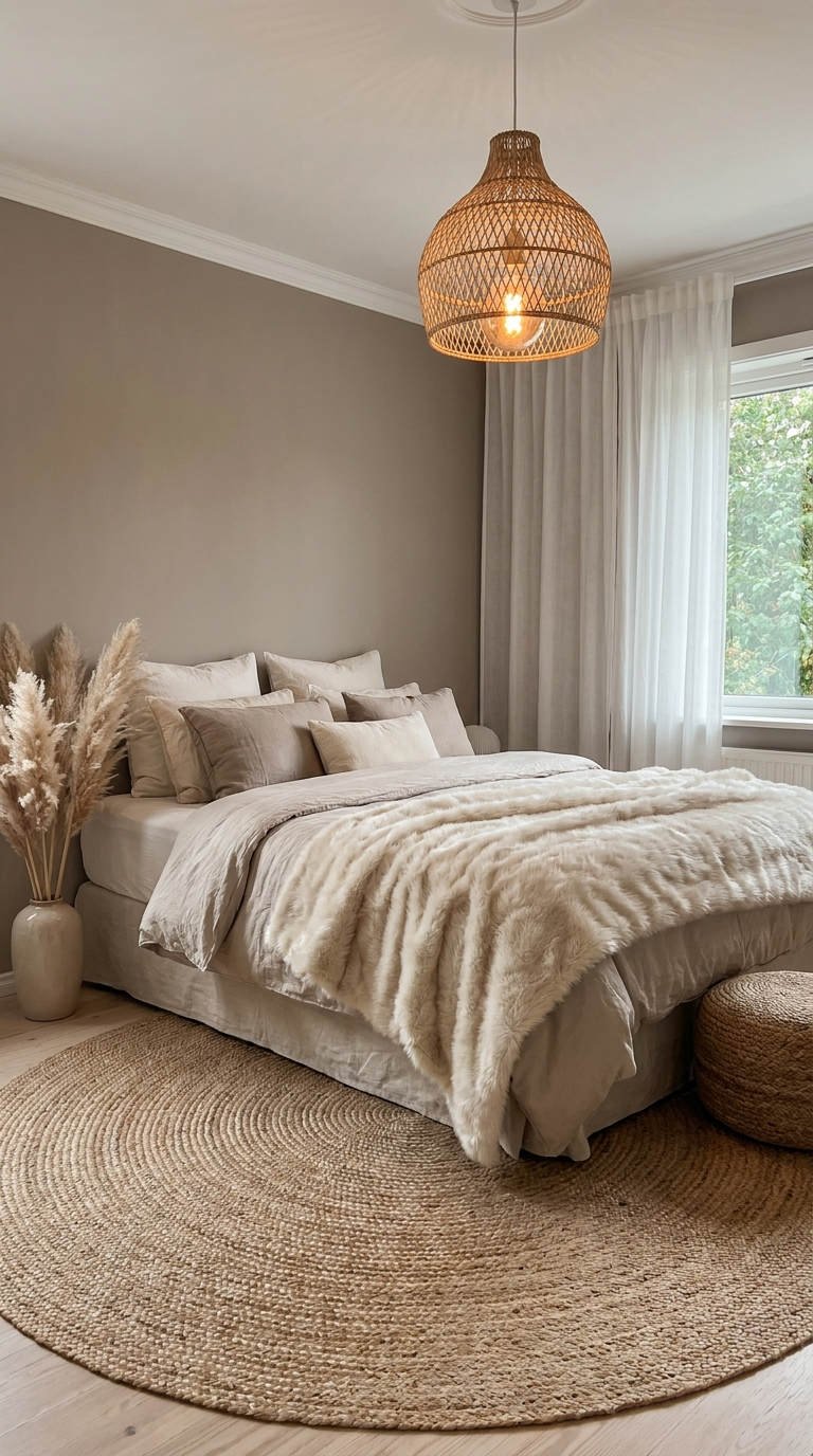 taupe jute fourrure rotin