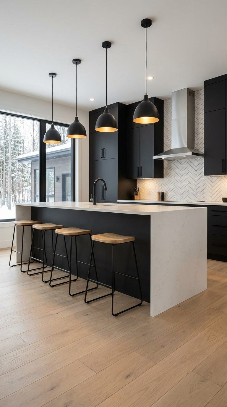 cuisine noire blanche suspensions alignées