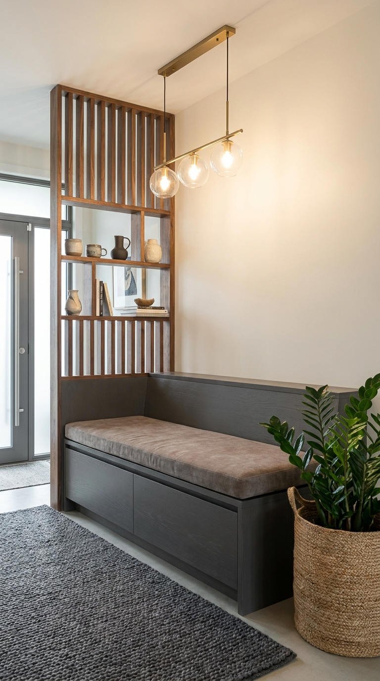 entree banquette grise claustra etageres