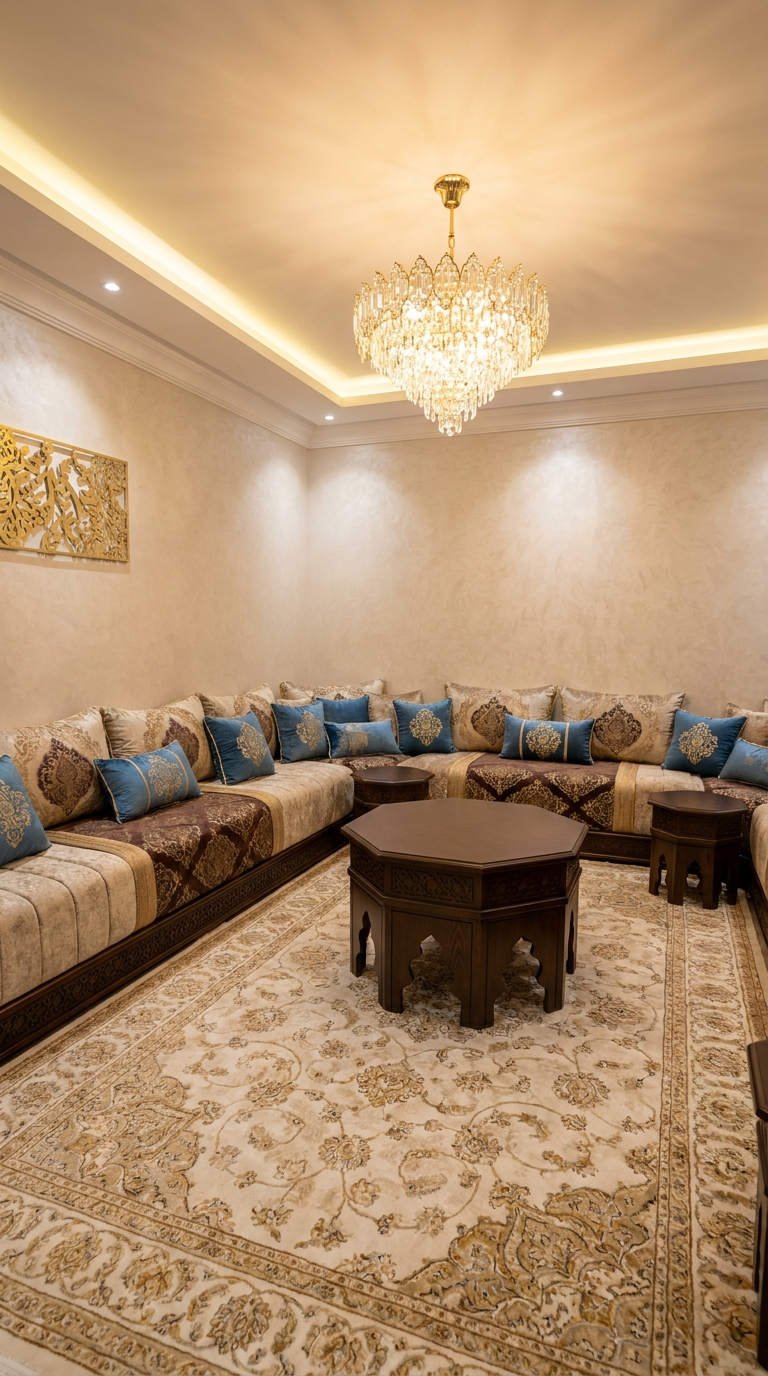 salon beige coussins bleus