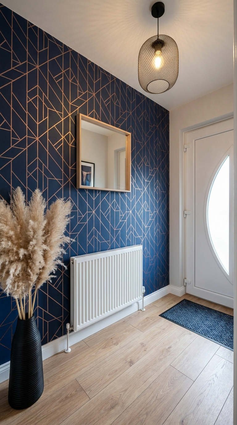 entree papier peint bleu geometrique