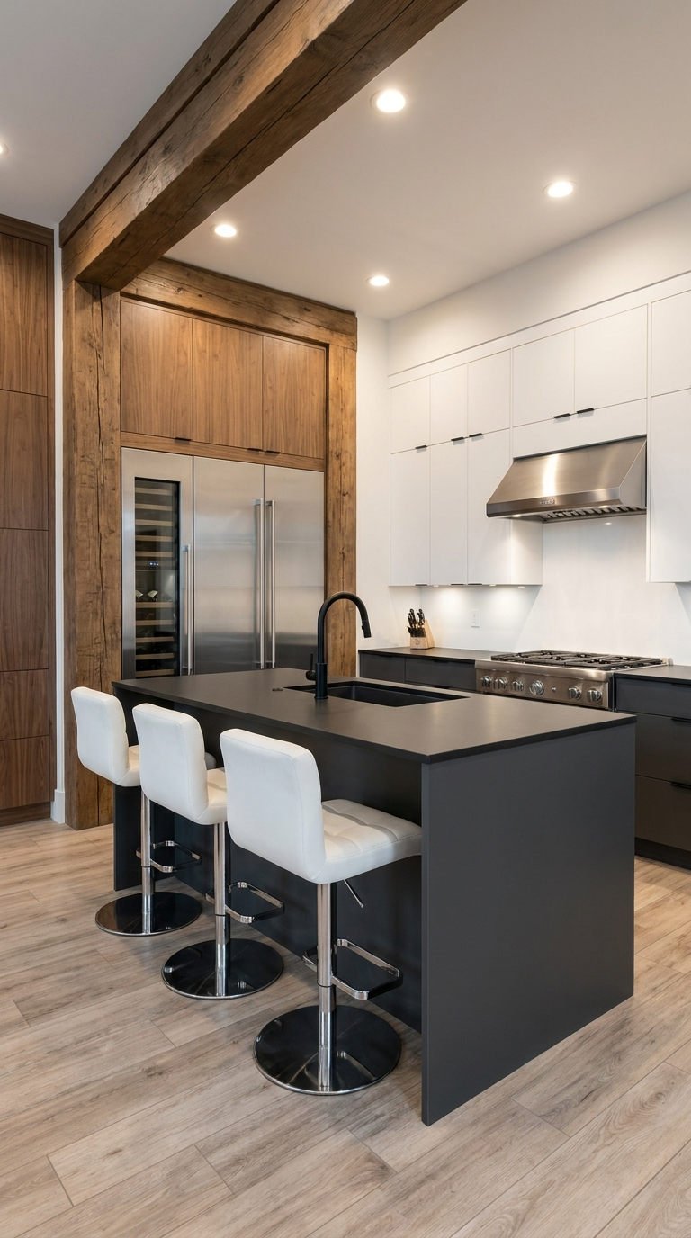 cuisine noire poutre bois rustique