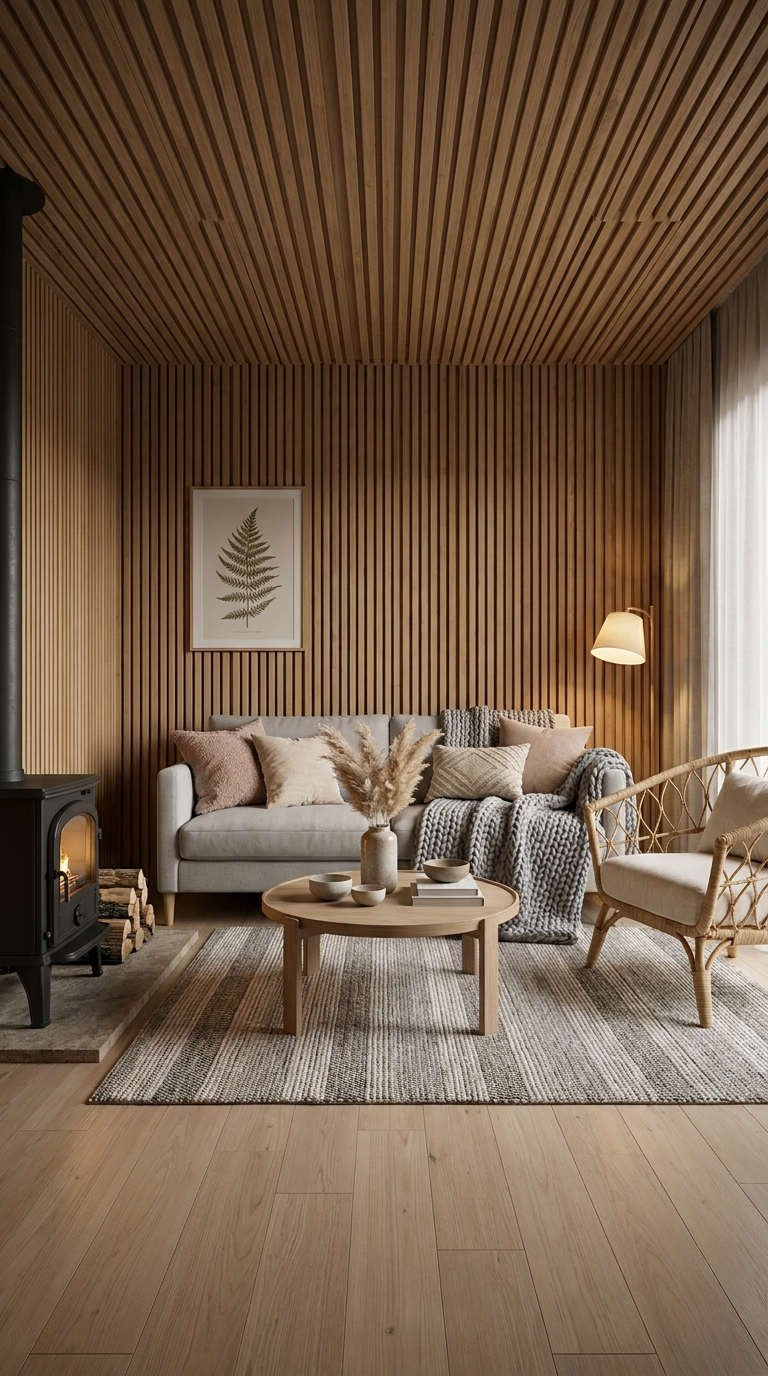 salon tasseaux bois poele noir