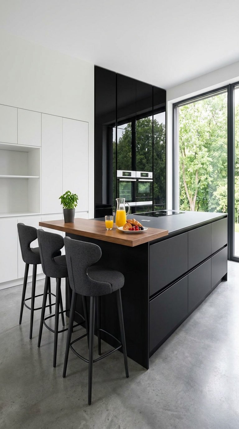 cuisine noire ilot bois paysage