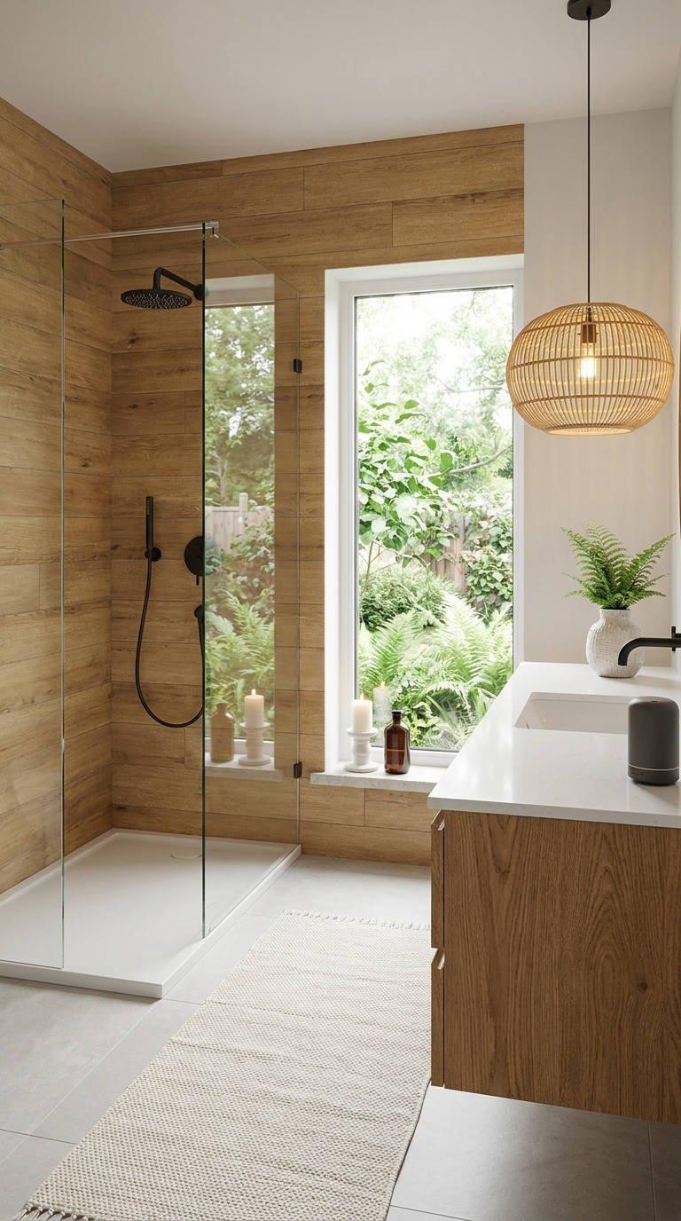 douche bois fenetre jardin