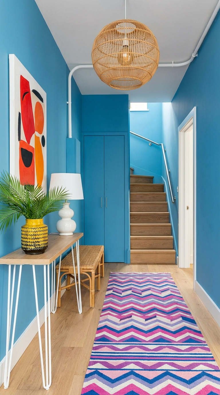 entree bleue tapis colore rotin
