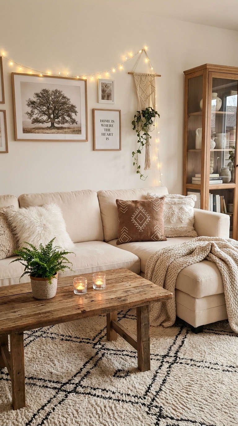 salon mur galerie canape creme