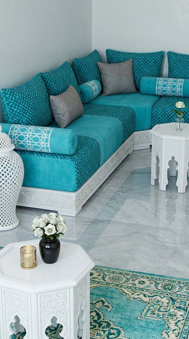 salon turquoise blanc marbre
