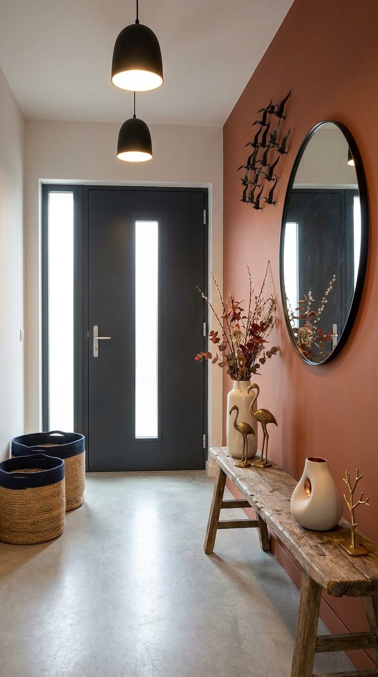 entree terracotta miroir rond banc