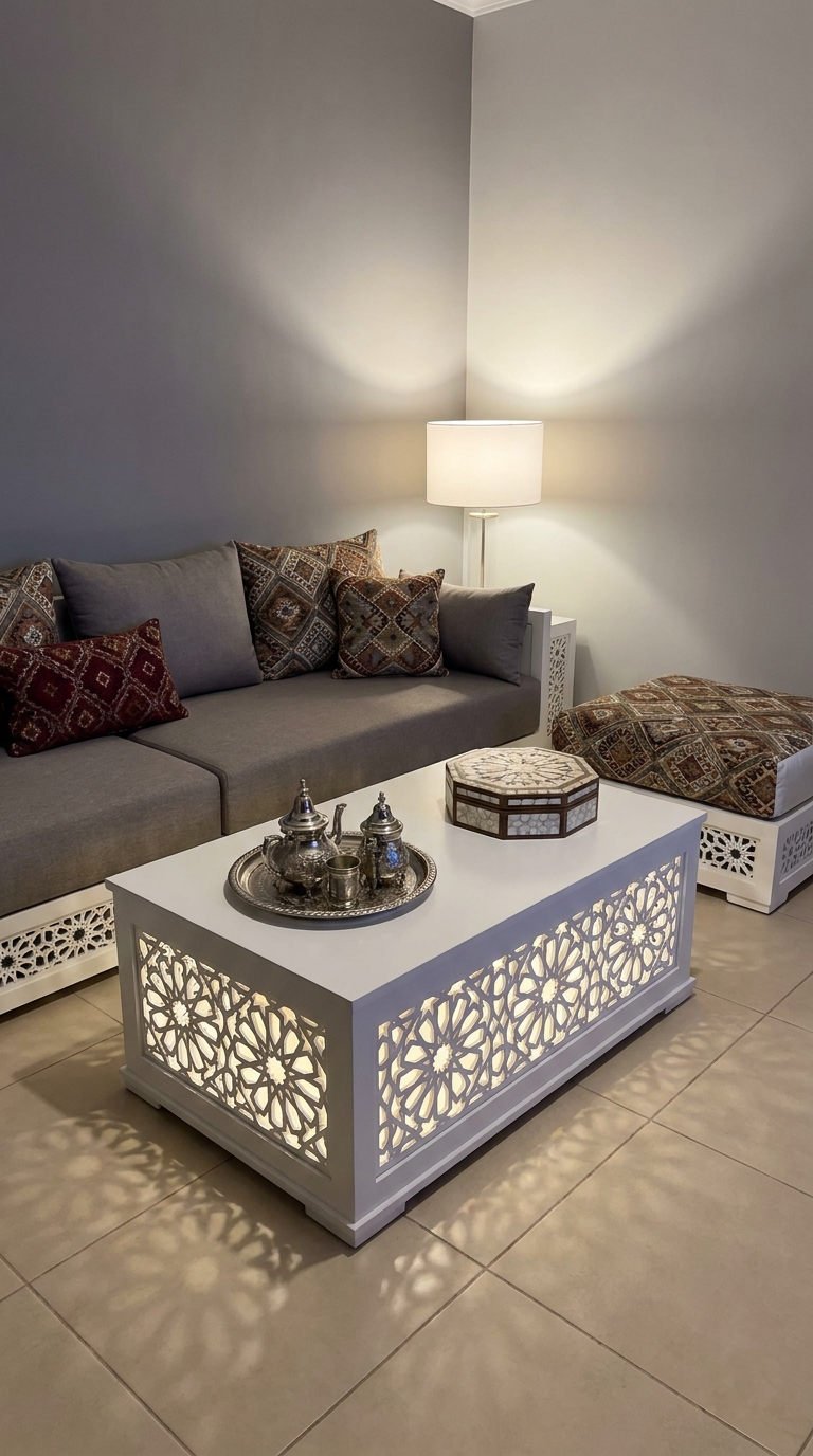 salon gris table lumineuse
