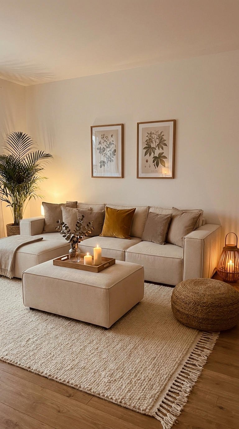 salon minimal beige palmier pouf