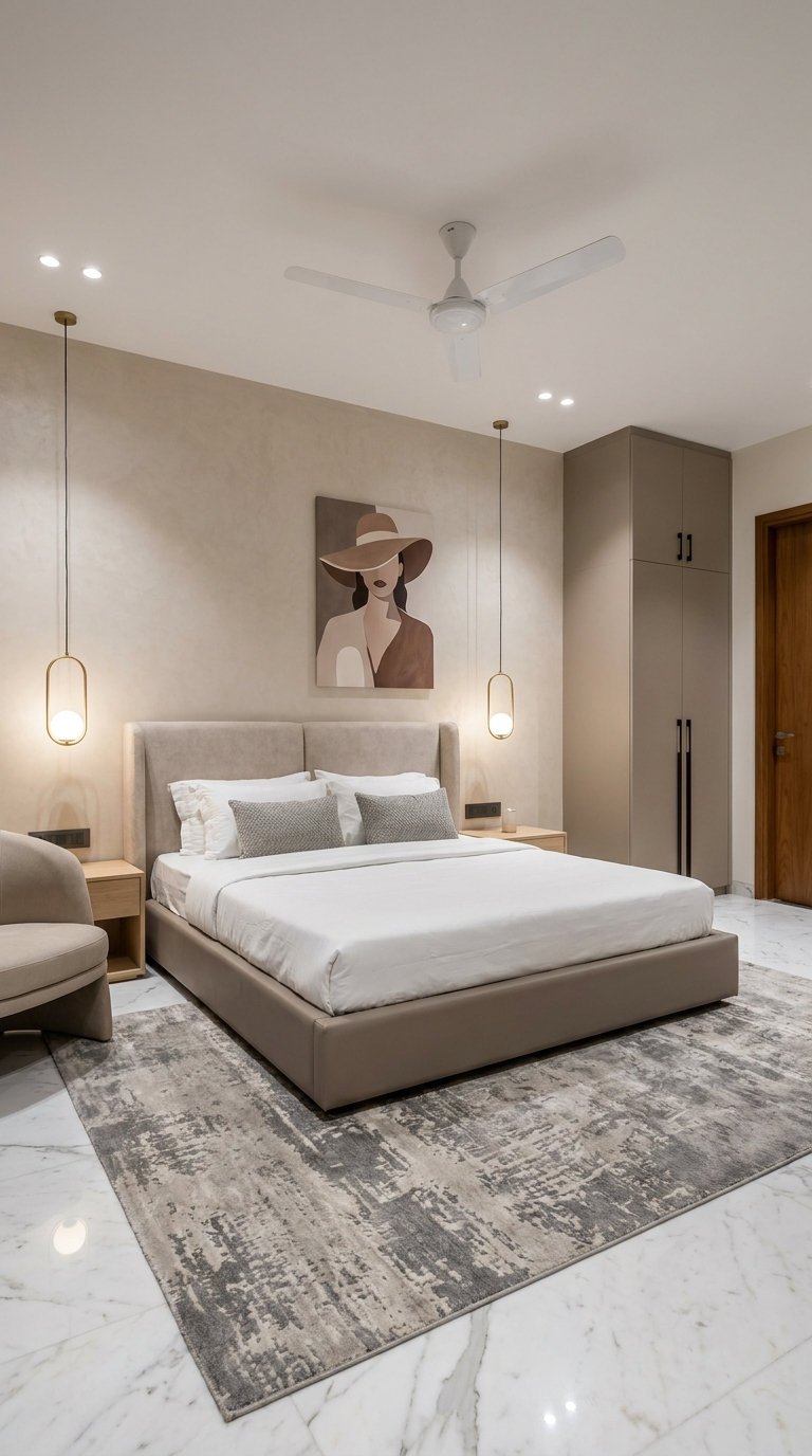 chambre taupe minimaliste suspensions