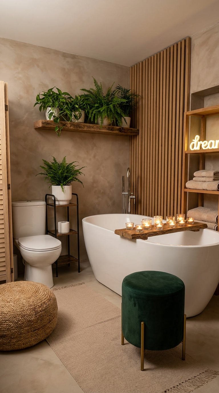 baignoire ilot plantes bougies