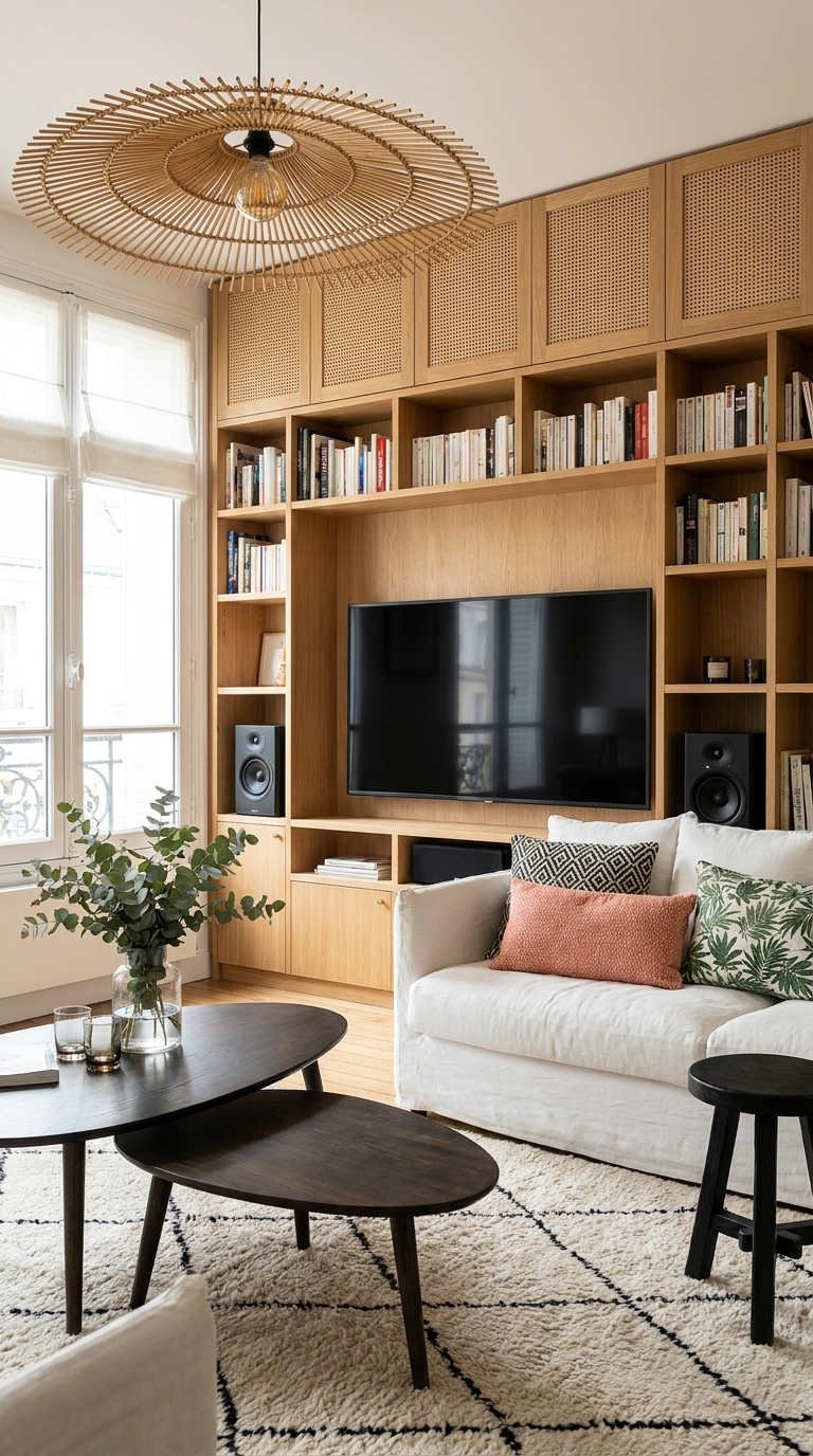 bibliotheque bois salon lumineux