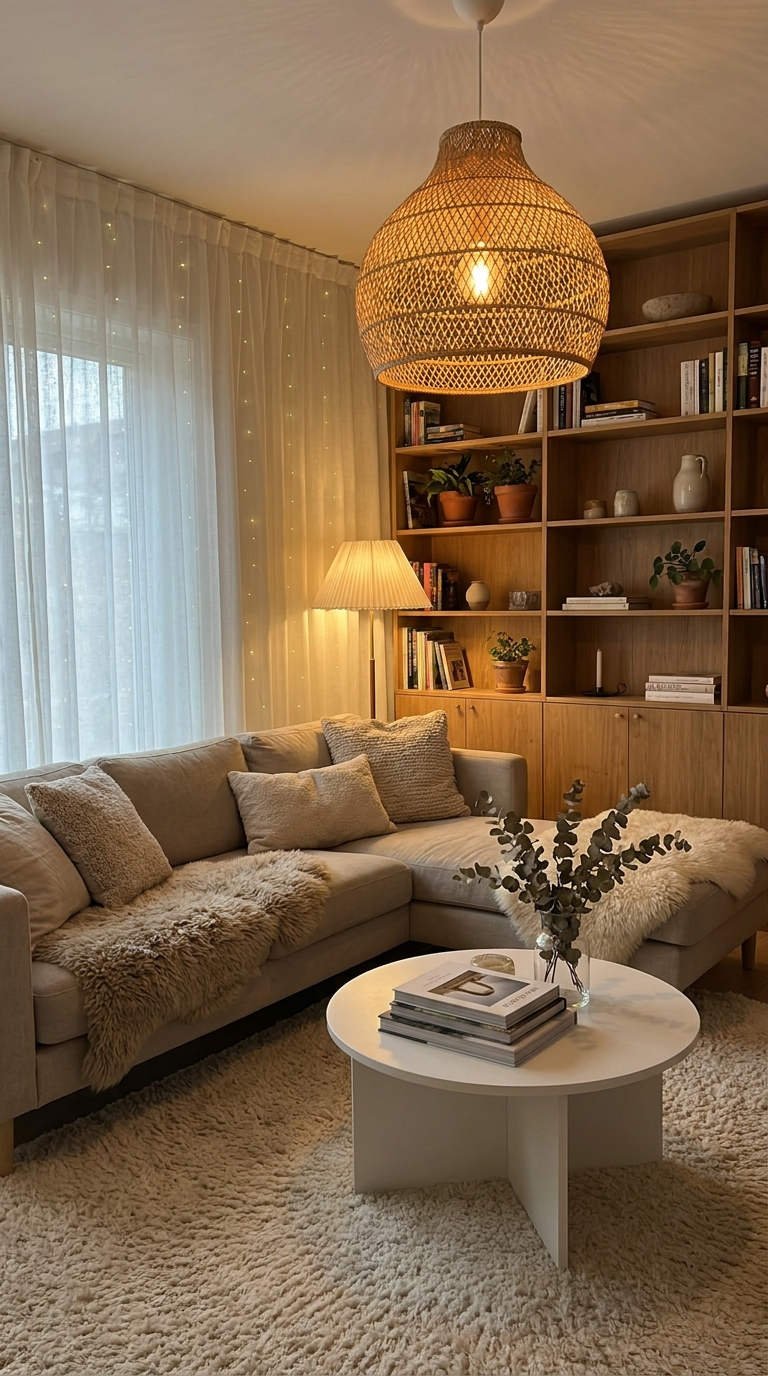 salon bibliotheque bois luminaire rotin