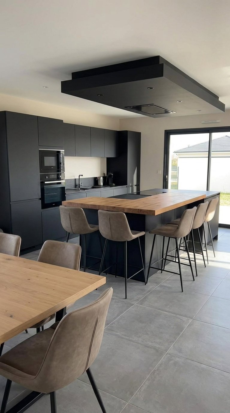 cuisine noire ilot bois convivial