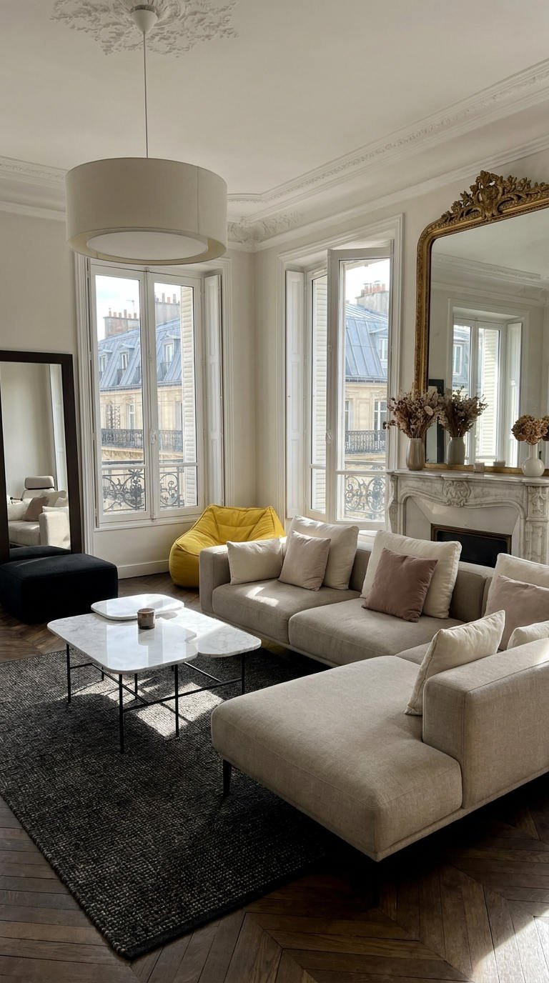 salon parisien miroir cheminee