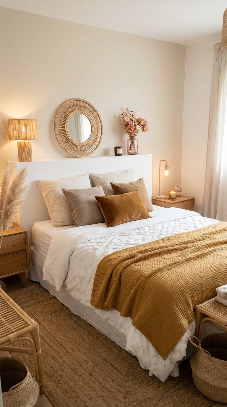 chambre blanche plaid miel