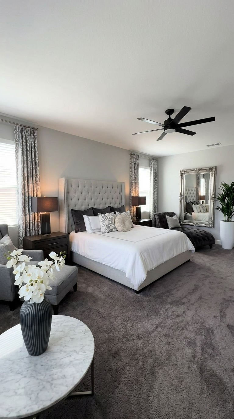 chambre grise miroir capitonnee