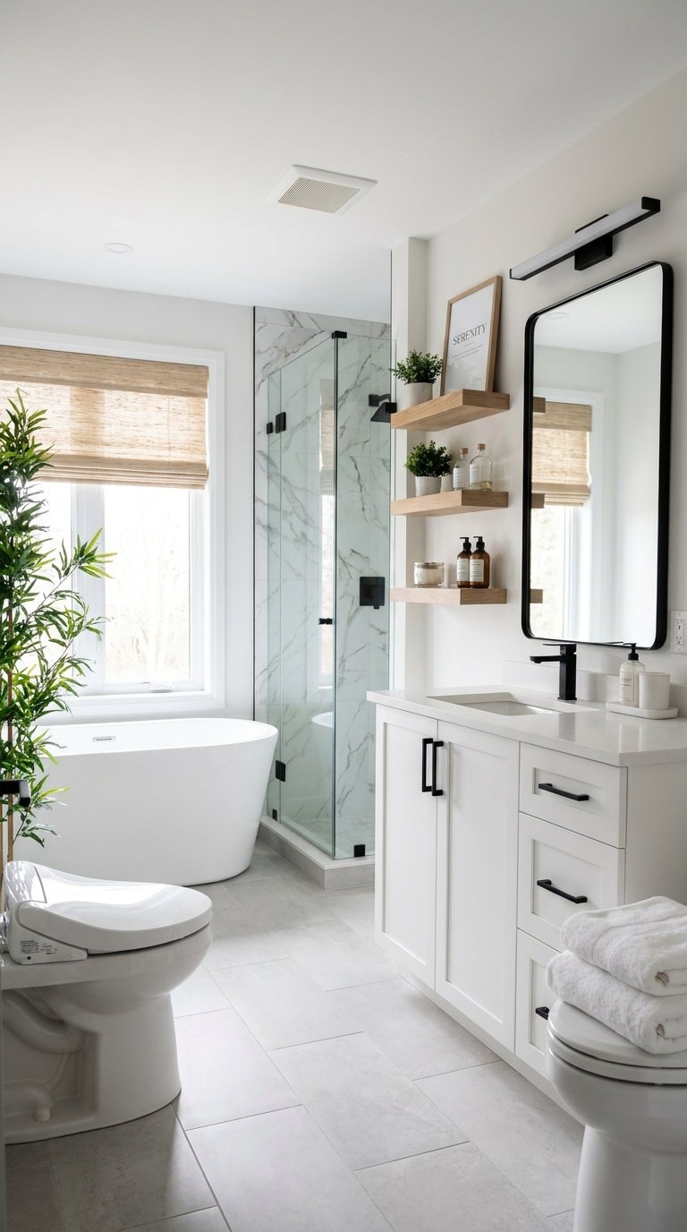 baignoire blanche etageres bois