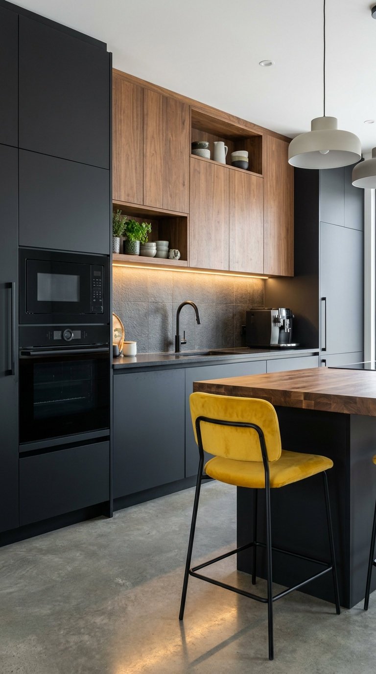 cuisine noire bois tabouret jaune