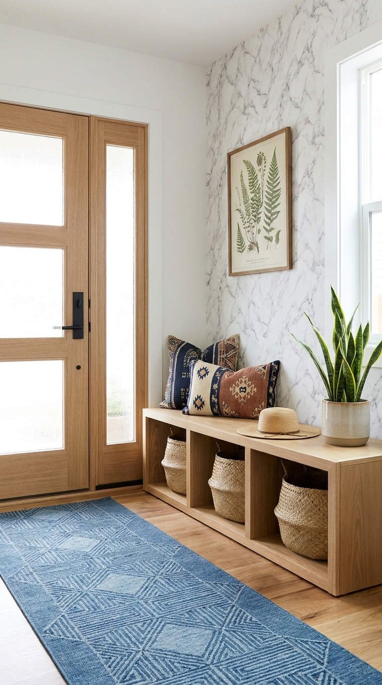 banc entree casiers tapis bleu
