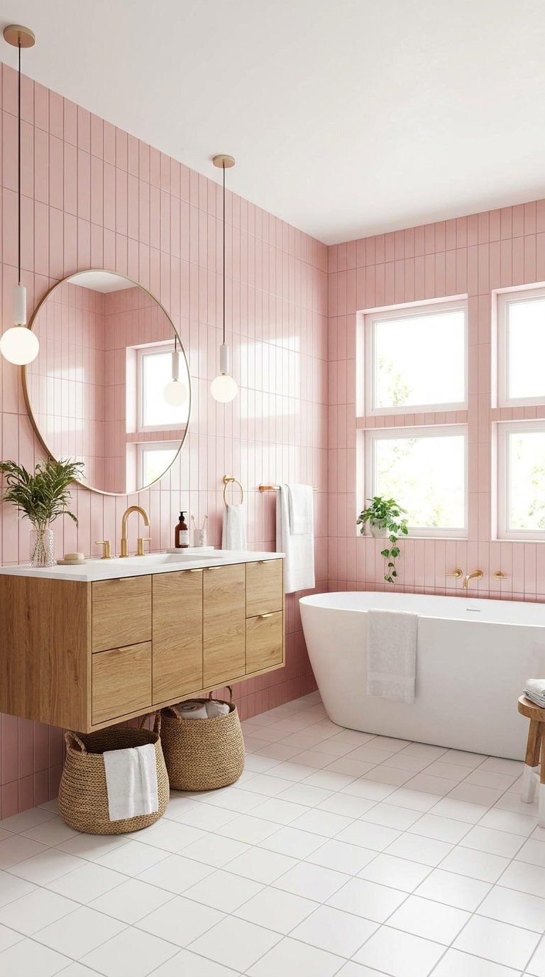 carrelage rose bois baignoire