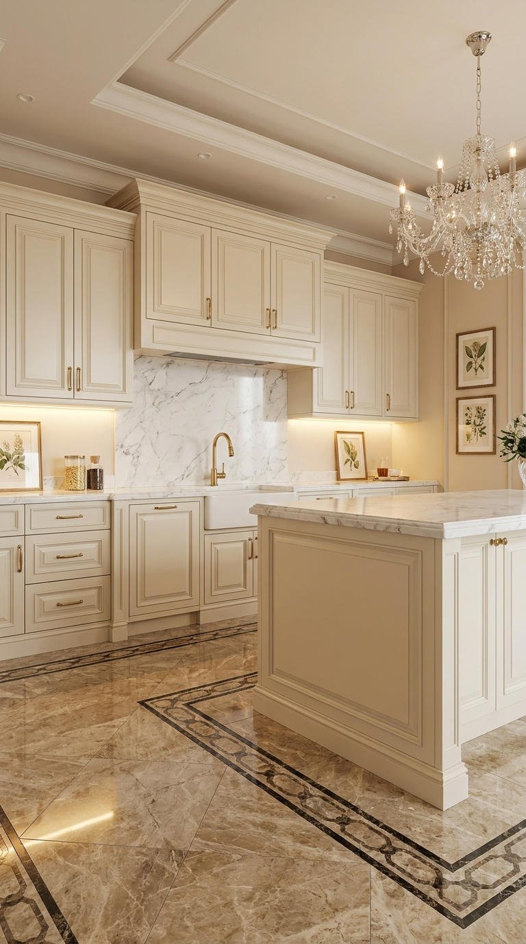 cuisine beige classique marbre lustre