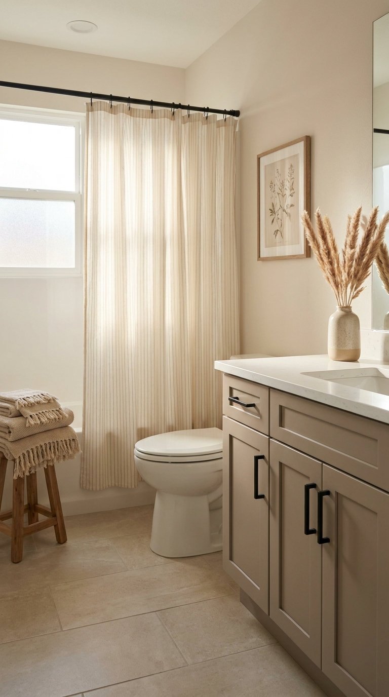 salle bain beige rideau lin