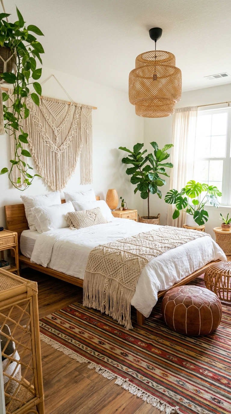 chambre blanche macrame rotin
