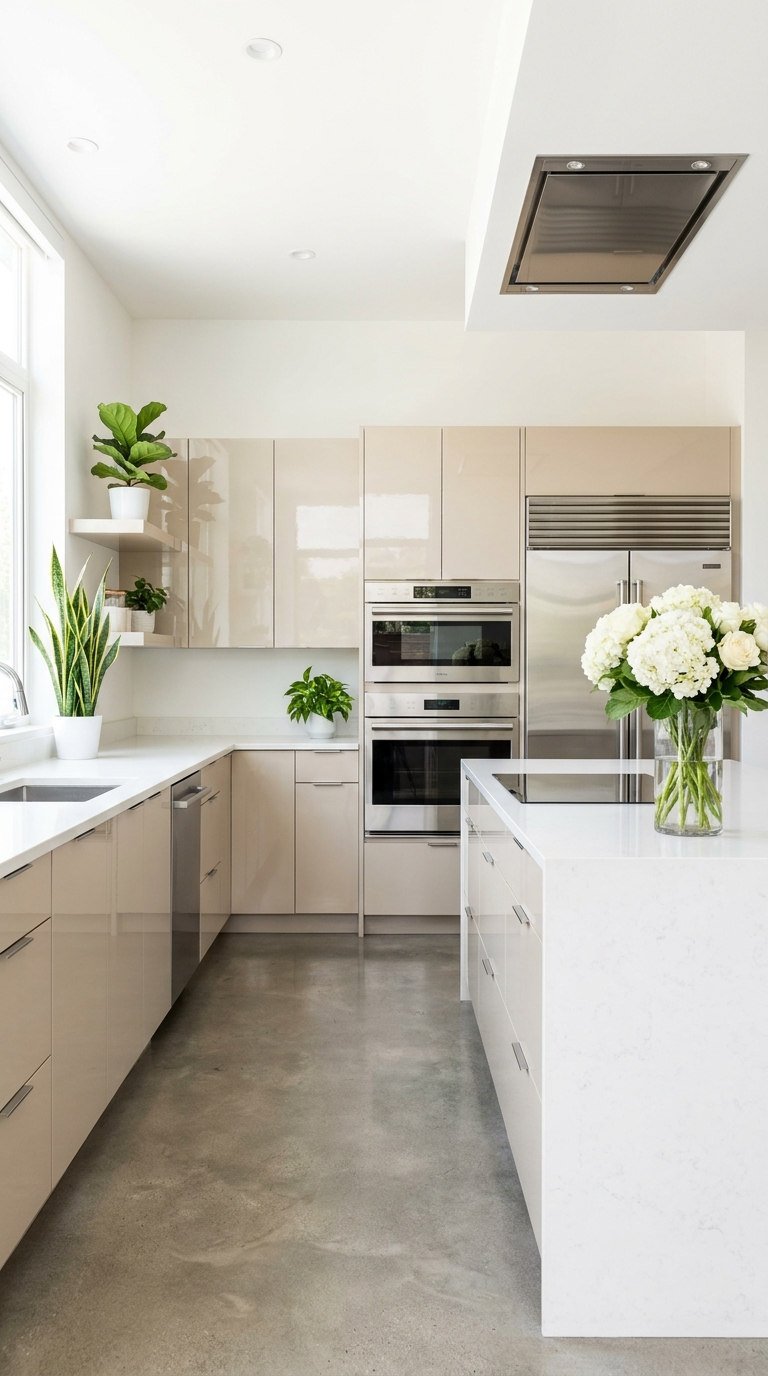 cuisine beige brillante plantes inox
