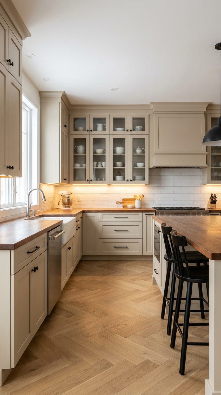 cuisine beige traditionnelle vitrines bois