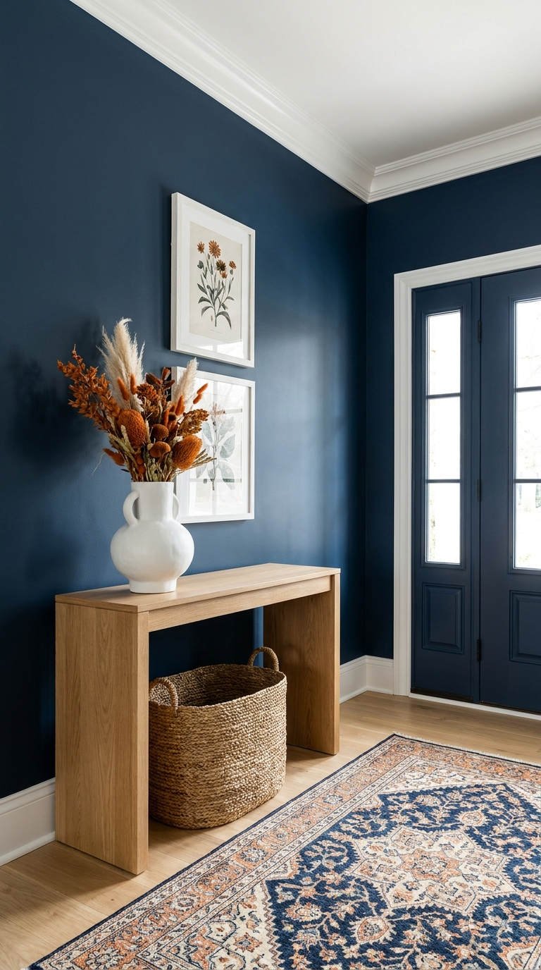 mur bleu console bois clair