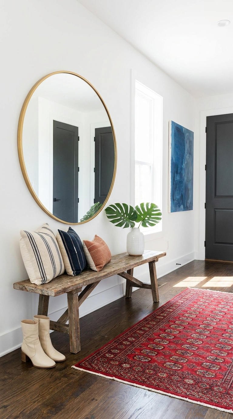 banc rustique miroir dore tapis rouge