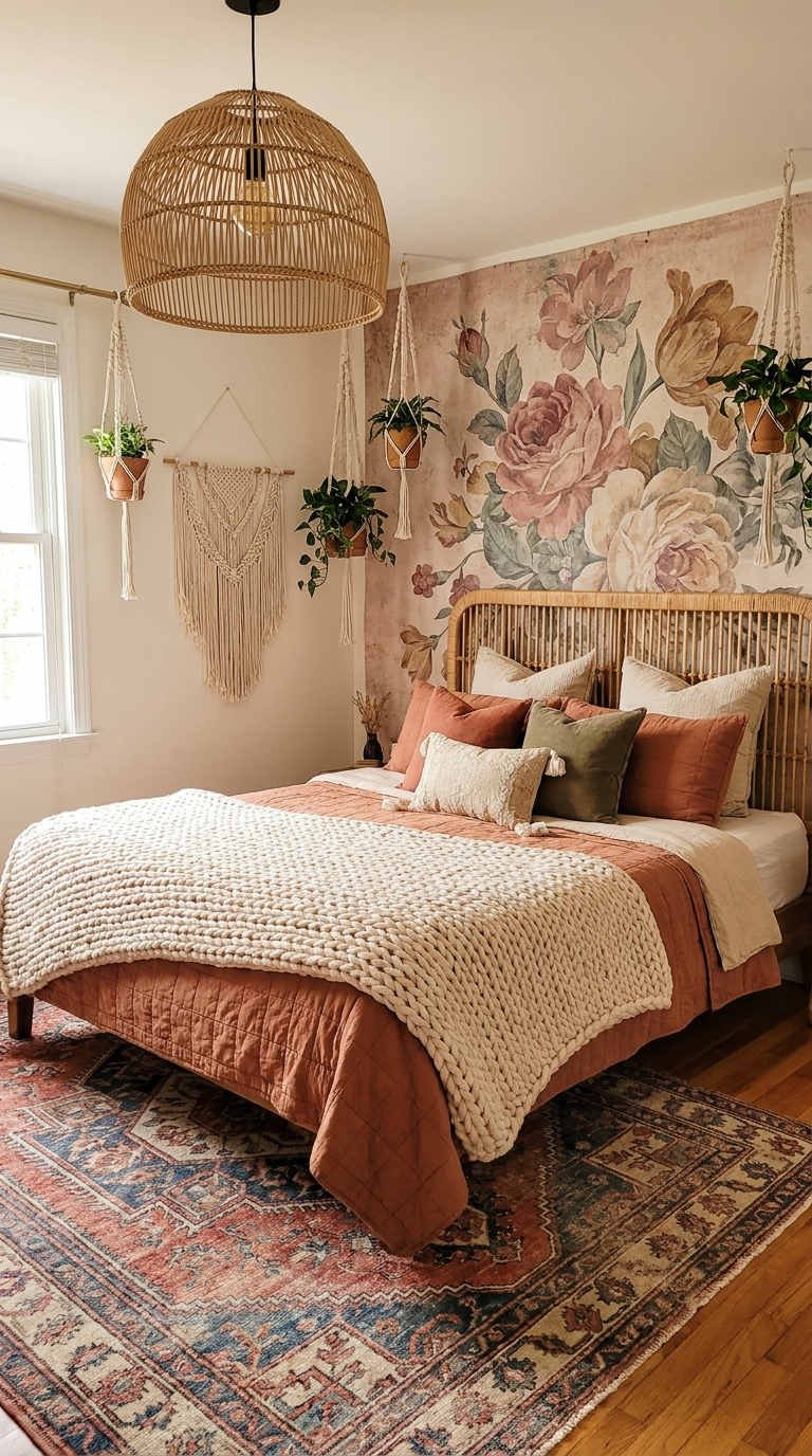 chambre fresque florale rotin