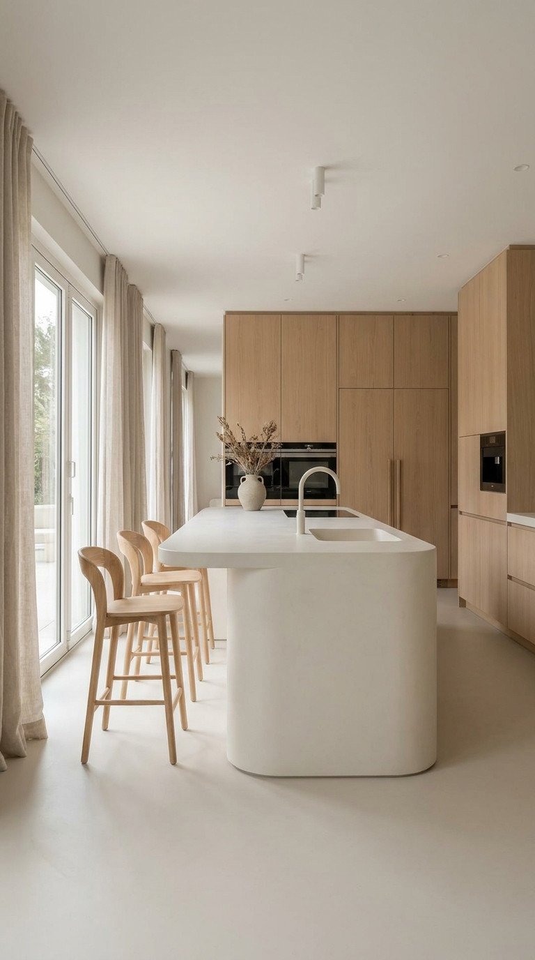 ilot blanc arrondi cuisine bois