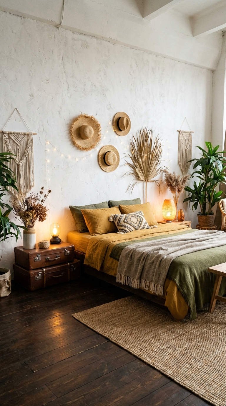 chambre valises vintage moutarde