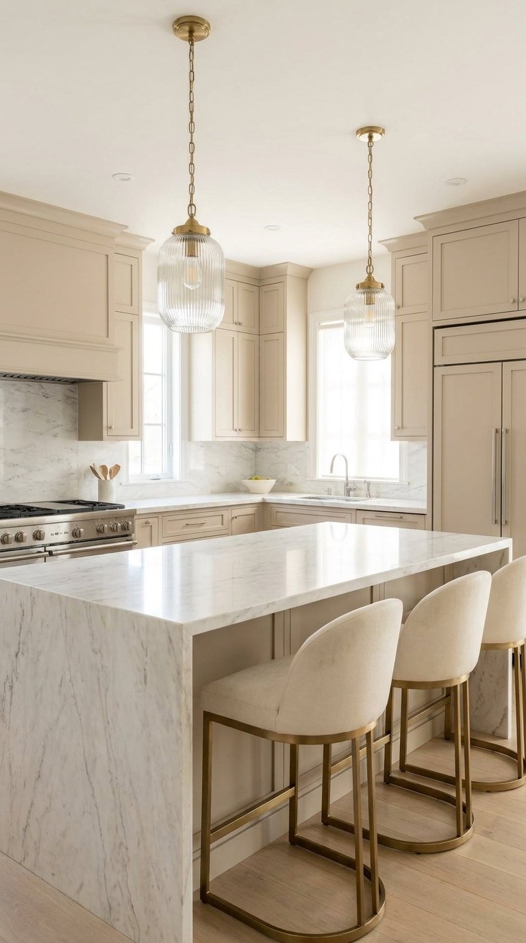 cuisine beige marbre tabourets creme