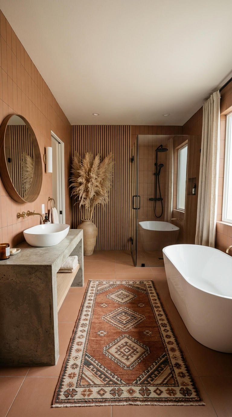 tapis kilim baignoire terracotta bois