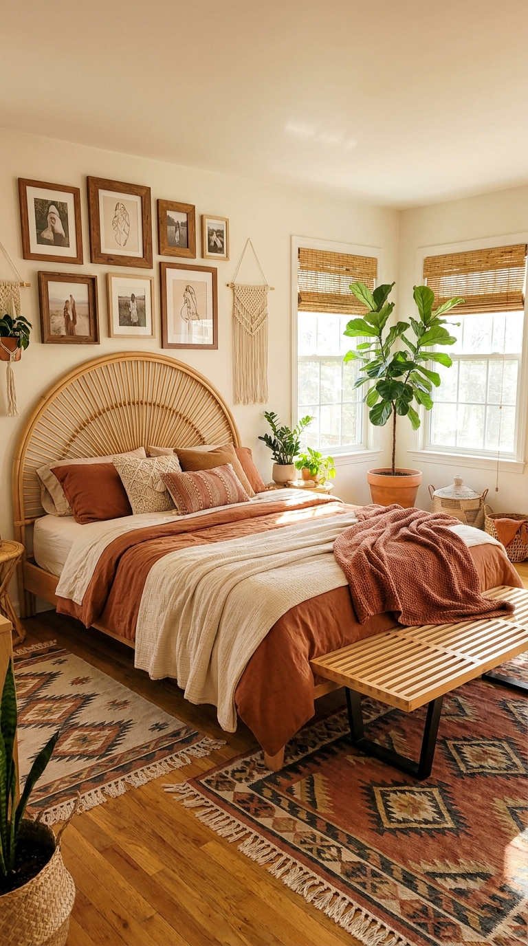 chambre terracotta galerie rotin