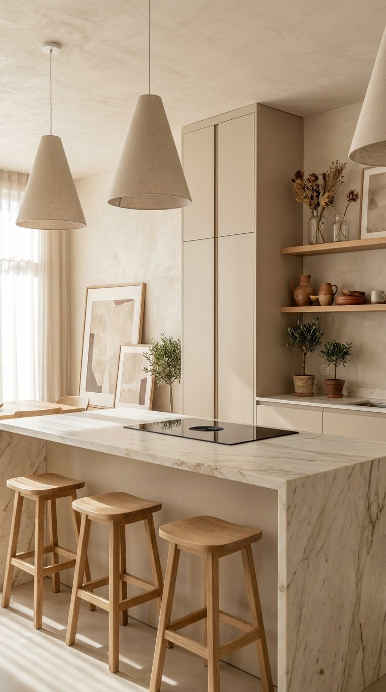 cuisine beige mediterraneenne ilot marbre