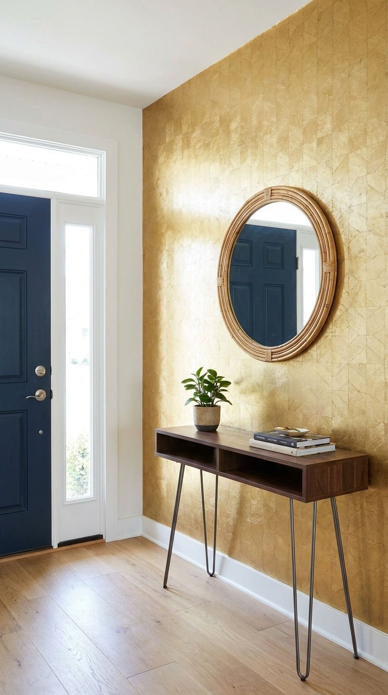 mur dore console rotin
