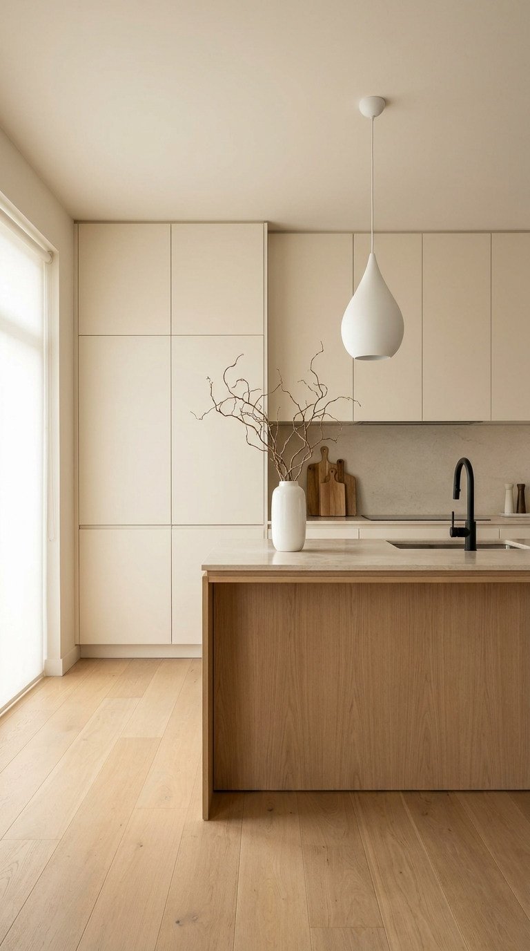 cuisine beige minimaliste ilot bois